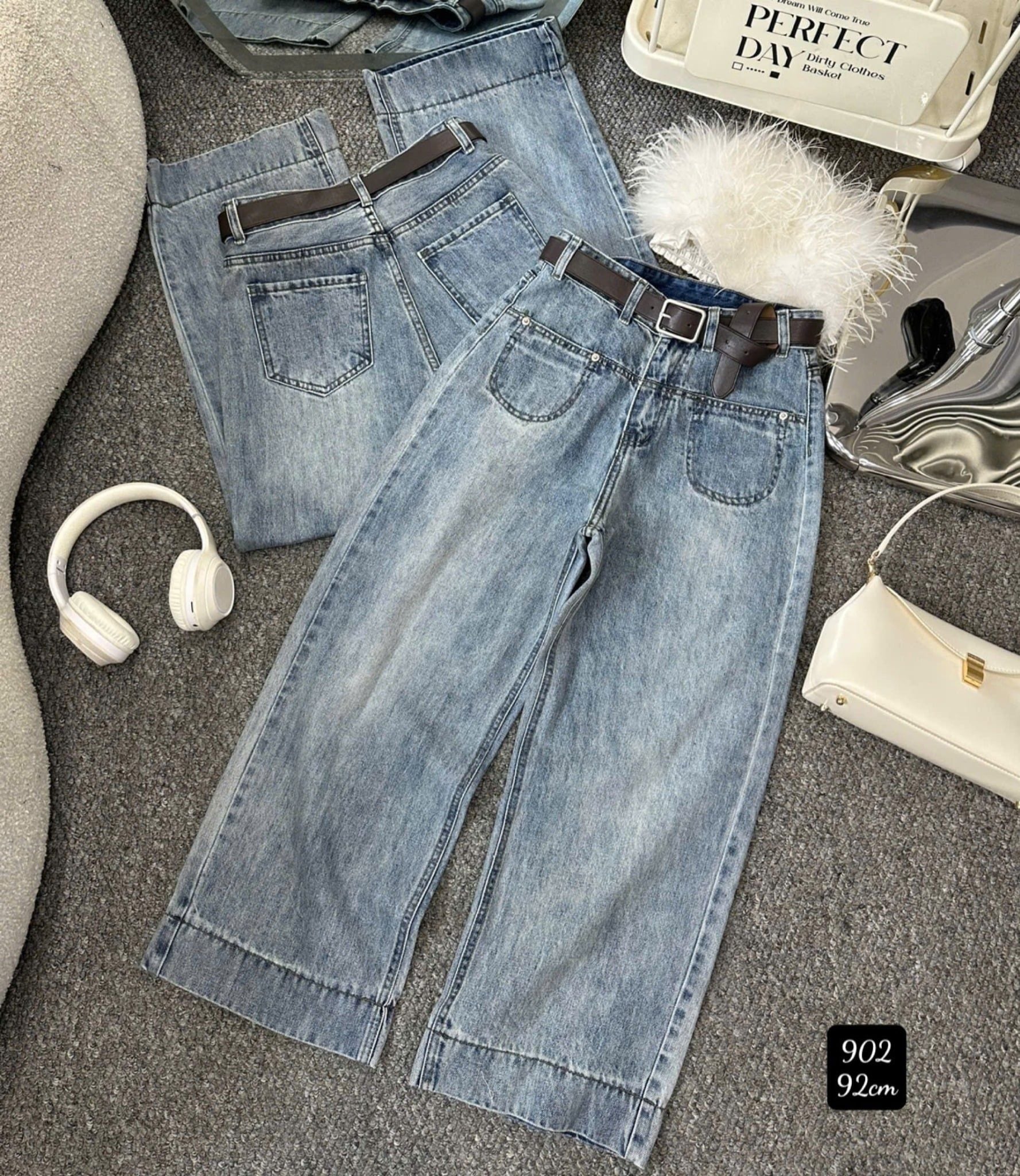  Quần jean ống suông trơn PHỐI TÚI GIẢ ĐÍNH KHUY form baggy ko kèm nịt - NHẠT - Q583 (EO S<64, M<68, L<72) 