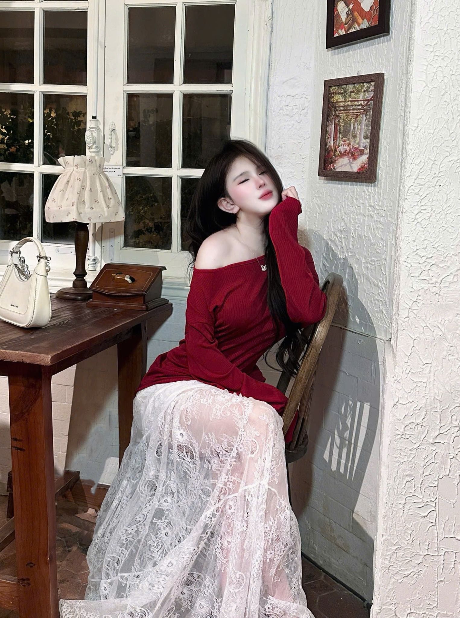  Set áo tay dài bẹt vai mix chân váy ren lưới dáng dài siêu đẹp - ĐỎ - Q138 
