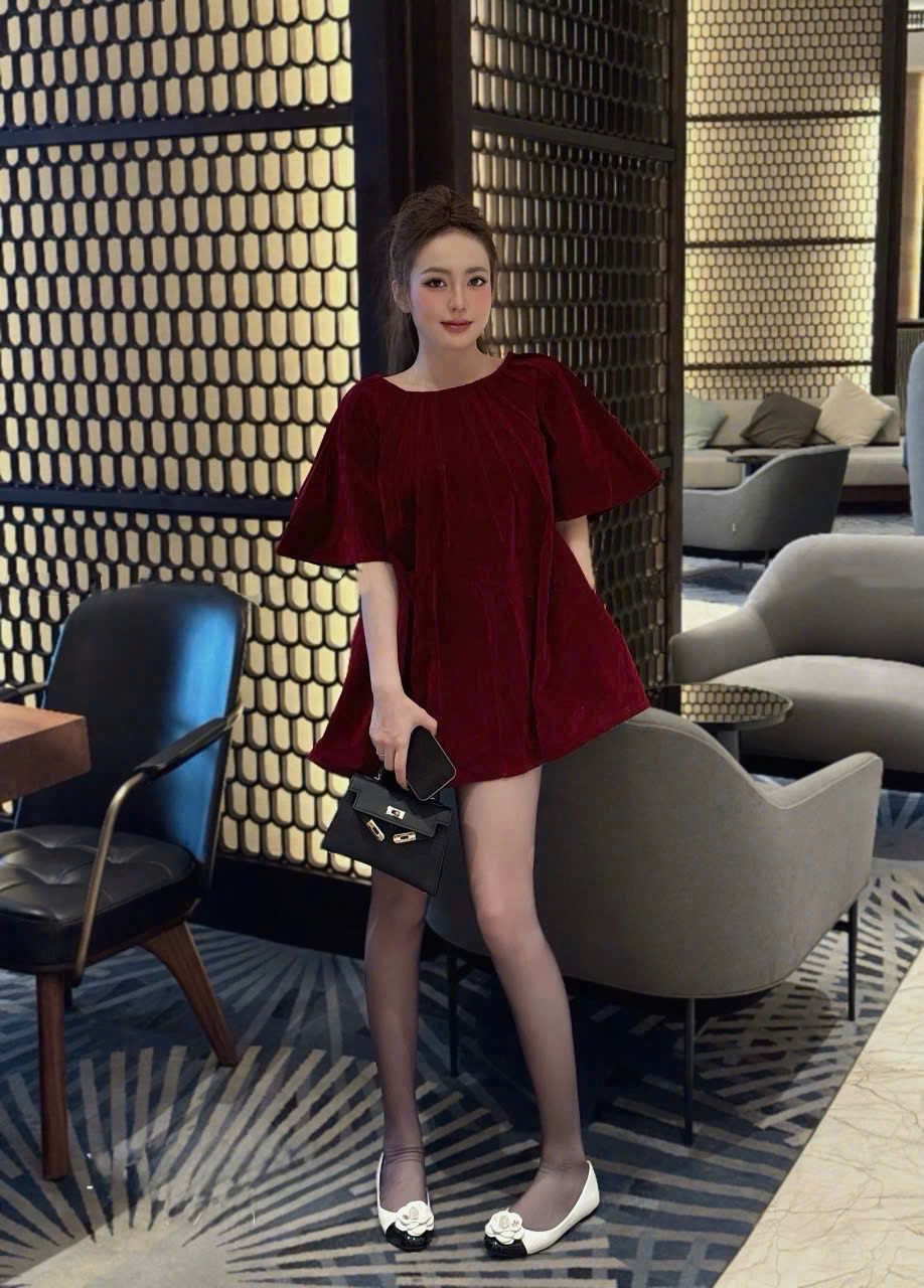  Đầm nhung babydoll cổ tròn tay lở dáng xòe siêu hot - ĐỎ - R9 