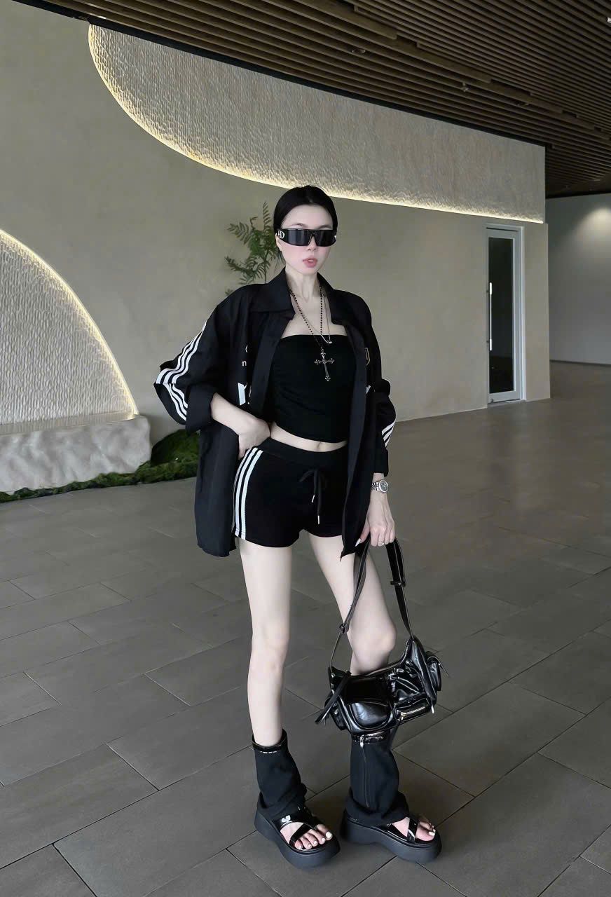  Set 3 món áo quây mix quần short lưng chun kèm áo sơ mi form to - ĐEN - R60 