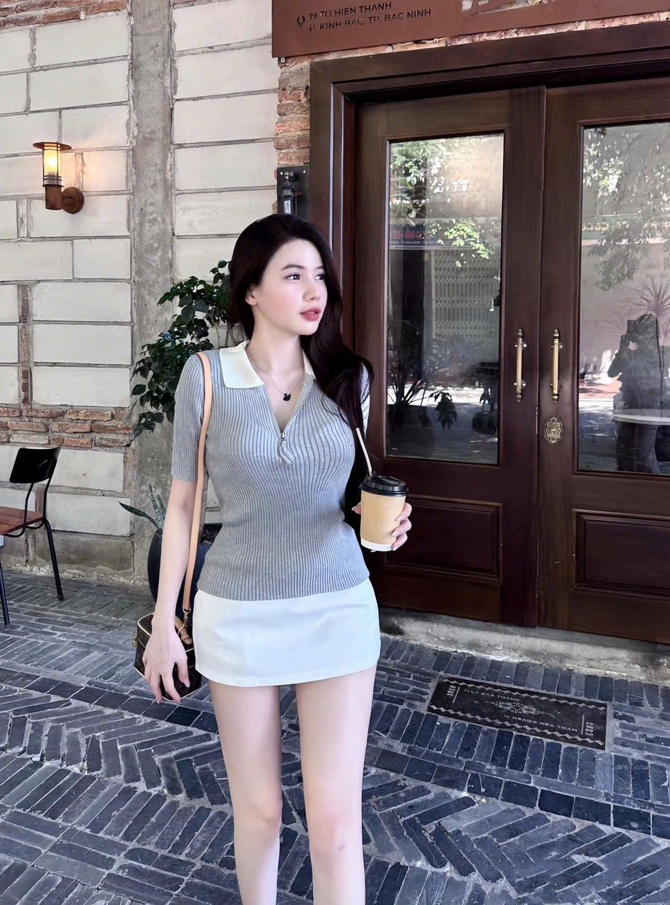  Set áo len cổ đức phối kẻ mix chân váy form A tôn dáng - R78 (eo S<68, M<72) 