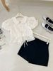 Set áo cổ sen tay bồng buộc dây mix chân váy ngắn - R155 (eo S<68, M<72)