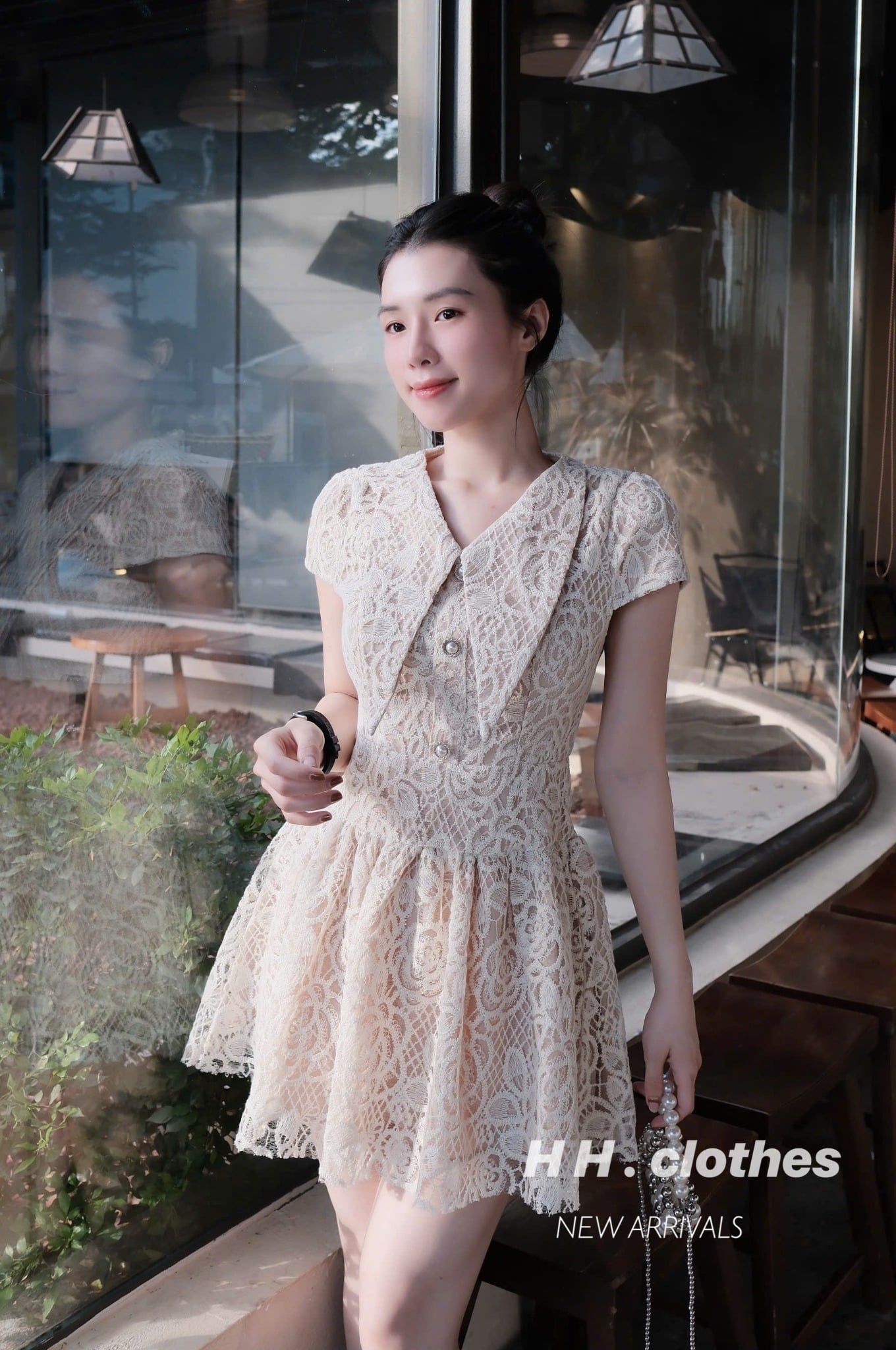  Đầm tay hến cổ vạt đính ngọc phối ren siêu hot - R257 (eo S<68, M<72) 