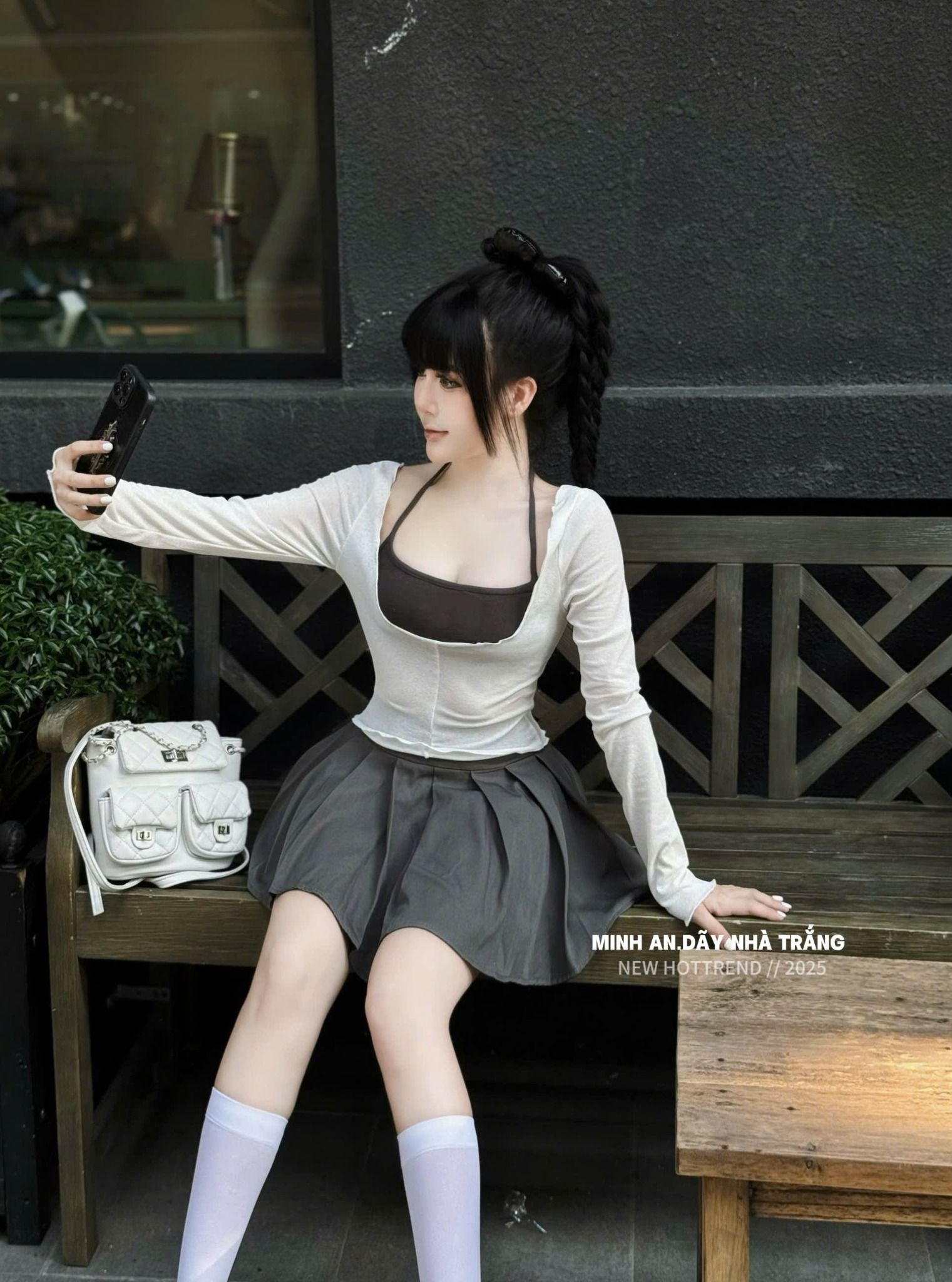  Set áo yếm 2 dây phối áo tay dài tay cổ u mix chân váy xếp li - XÁM - R261 (eo S<68, M<72) 