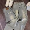Quần jean ống suông thêu màu wash bụi đẹp siêu hot - R264 (eo S<64, M<68, L<72)