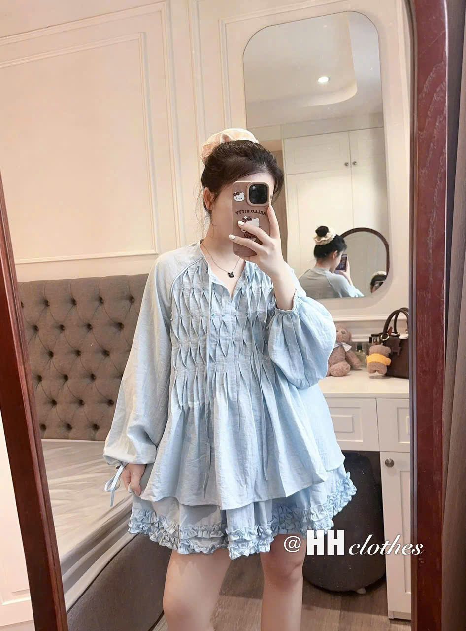  Set áo cổ tròn dây buộc nơ họa tiết nhún chéo mix chân váy bèo gấu - R277 