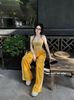 Set áo quây mix quần suông dáng dài viền siêu hot - VÀNG - R273