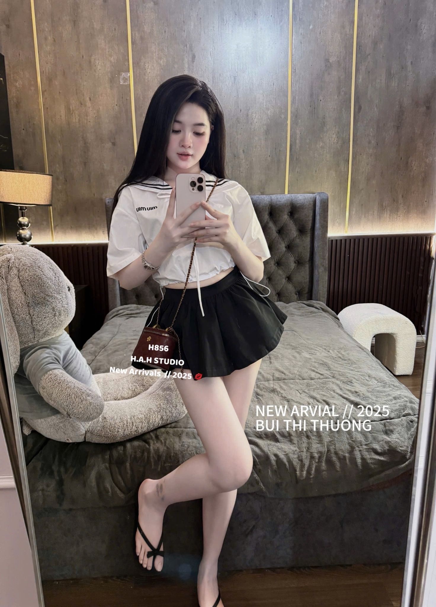  Set áo cổ thủy thủ dây rút cột nơ thêu miu mix chân váy siêu cute - R351 (eo S<68, M<72) 
