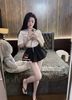 Set áo cổ thủy thủ dây rút cột nơ thêu miu mix chân váy siêu cute - R351 (eo S<68, M<72)