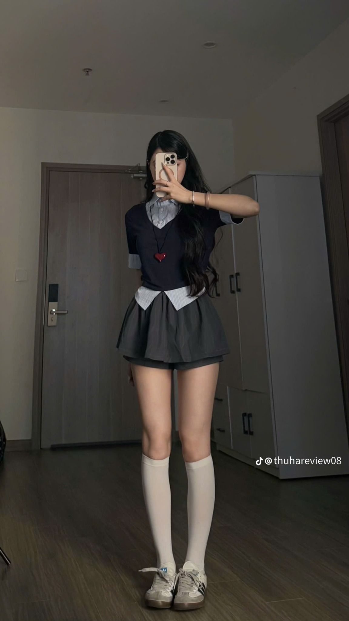  Set áo thun phối cổ sơ mi kẻ sọc tay lỡ mix chân váy siêu xinh - R358 (eo S<68, M<72) 