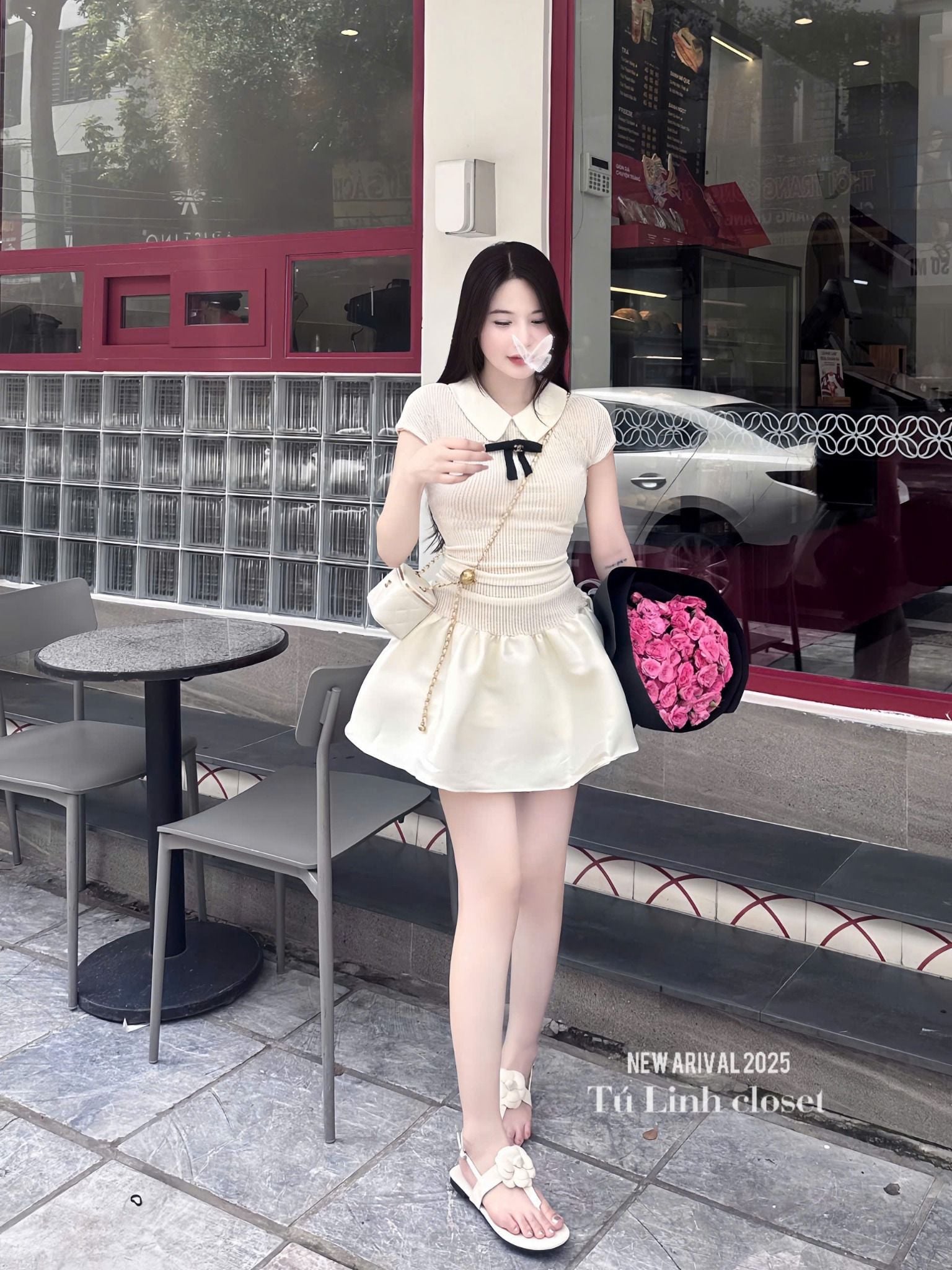  Váy cổ bẻ phối nơ chân xòe siêu xinh - KEM - R435 (eo S<68, M<72) 
