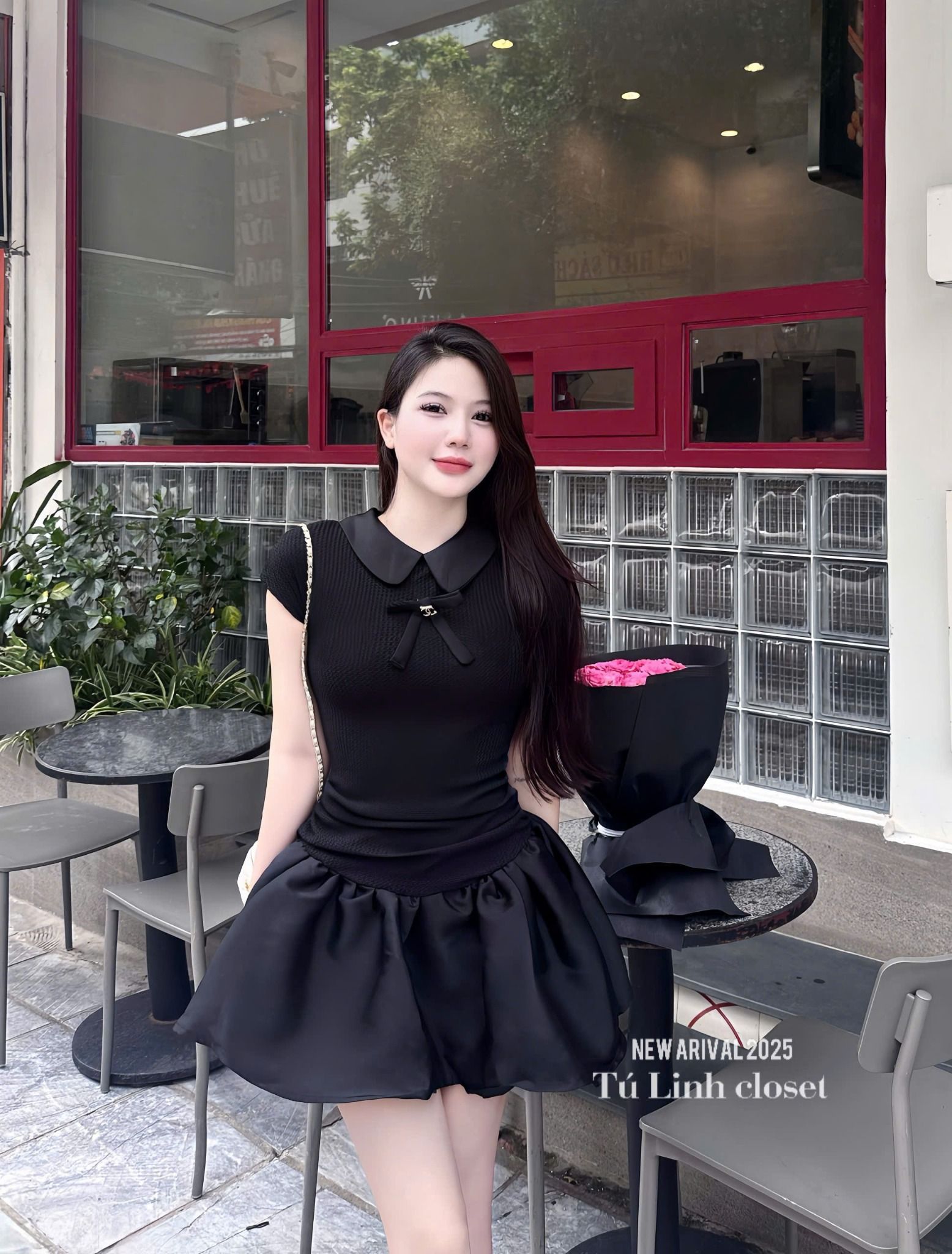  Váy cổ bẻ phối nơ chân xòe siêu xinh - ĐEN - R436 (eo S<68, M<72) 