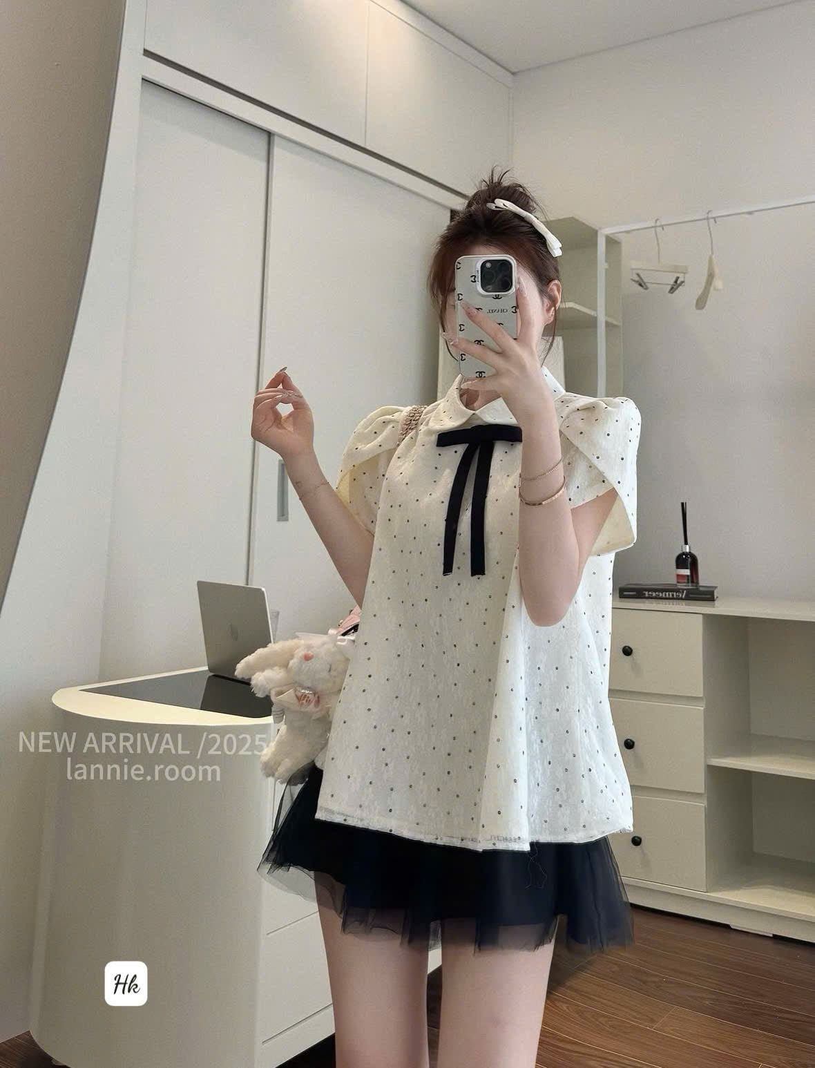  Set áo cổ sen đính nơ tay hến đắp chéo mix chân váy xòe bồng 2 lớp tiểu thư - A131 