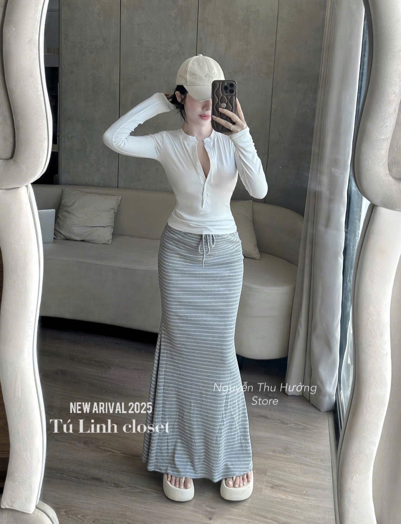 Set áo zip cổ trụ khuy dài tay mix chân váy đuôi cá kẻ - A50 