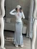 Set áo zip cổ trụ khuy dài tay mix chân váy đuôi cá kẻ - A50