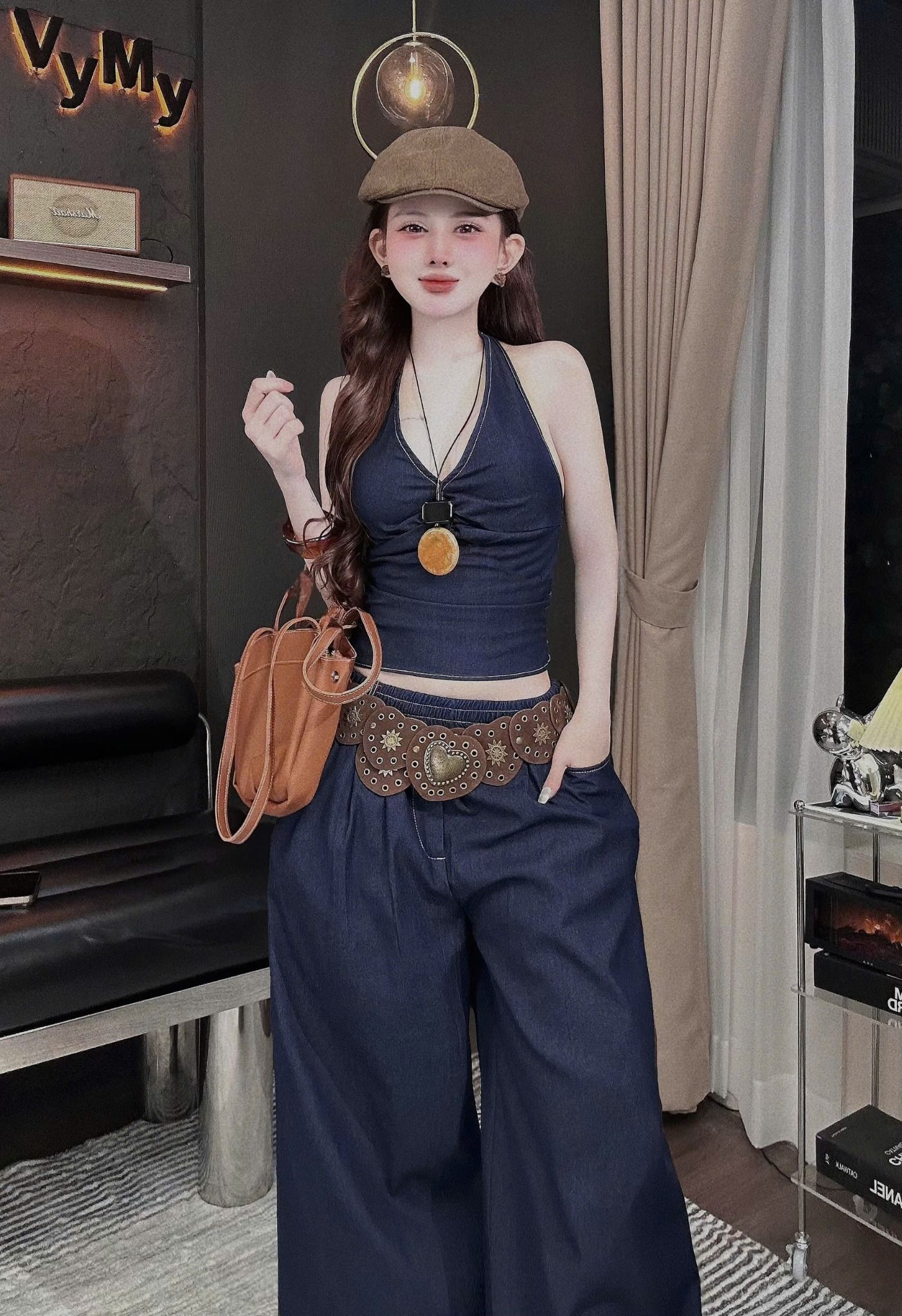  Set áo cổ yếm xoắn ngực chun lưng mix quần suông dáng dài ko kèm nịt - R245 