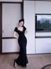  Set áo bra ren hoa mix đầm body dáng dài đuôi cá cổ U phối cúc tôn dáng - ĐEN - A77 