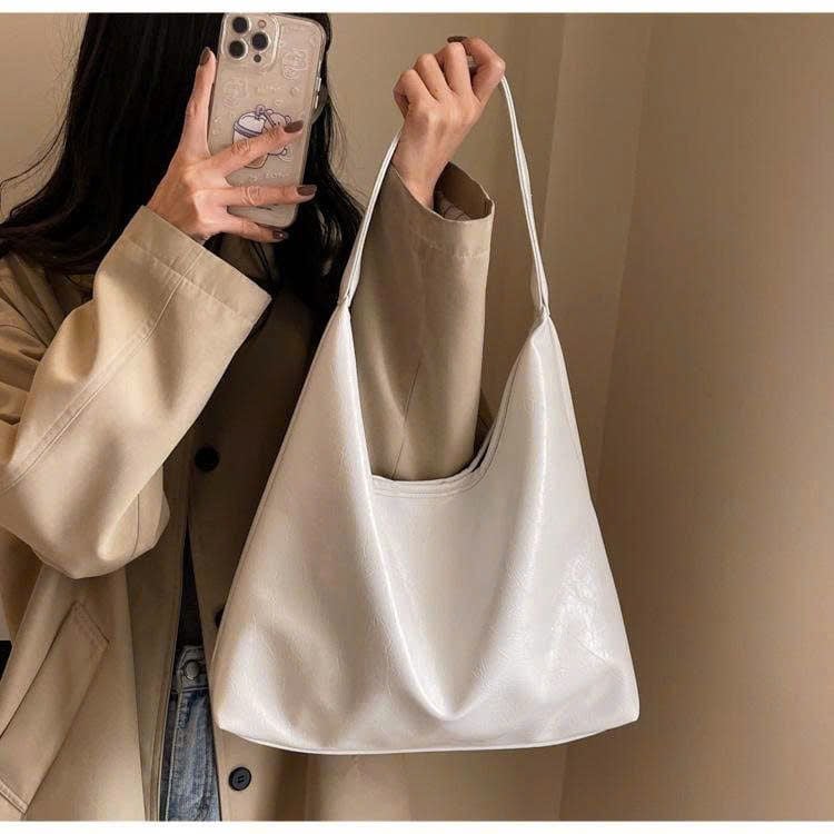  Túi tote đeo vai bảng to da mềm trơn BASIC - TRẮNG SỮA - A135 
