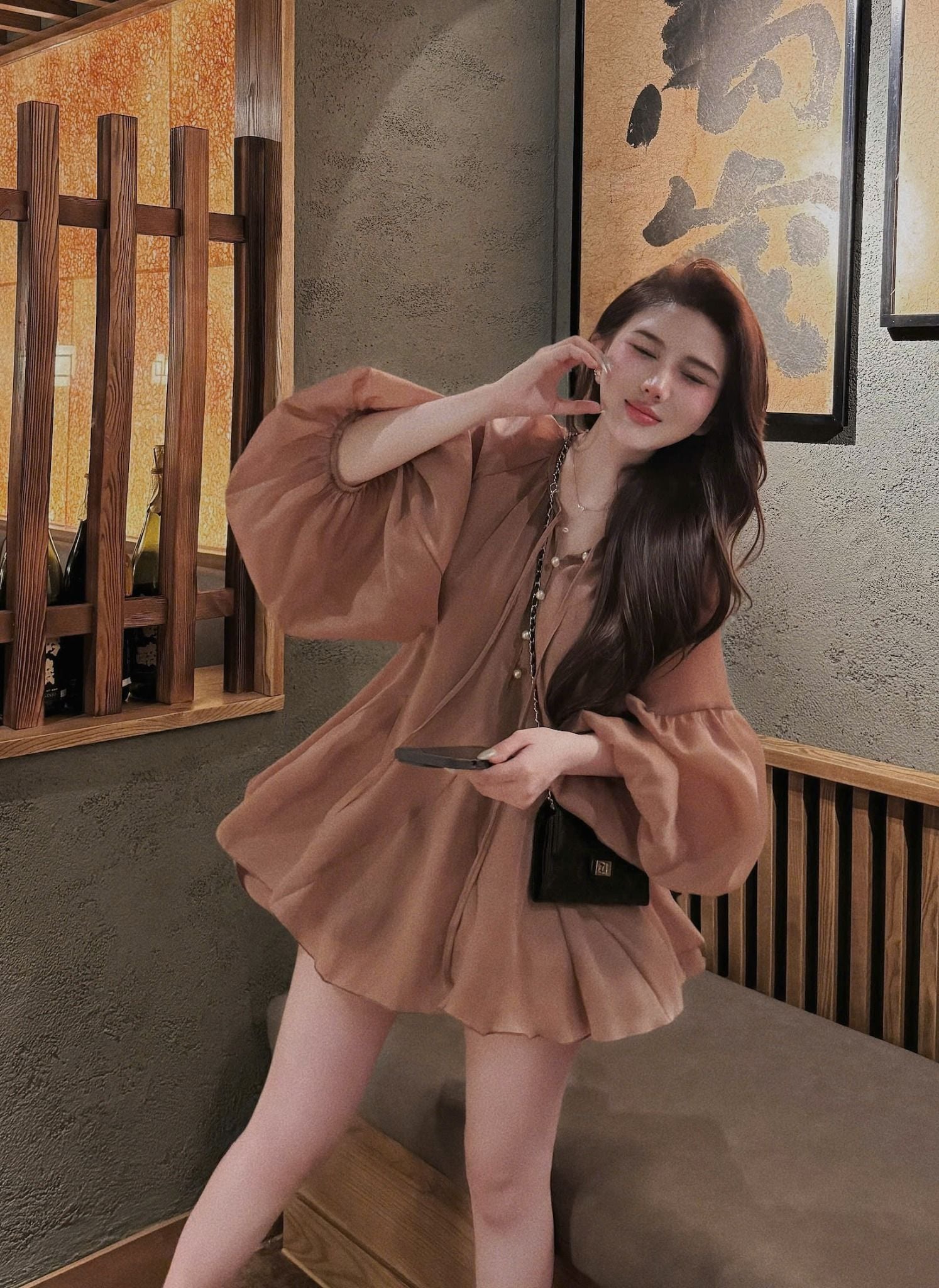  Set bộ babydoll tay bồng cổ đính ngọc mix chân váy tùng bí hai lớp - NÂU - C54 (S) H87 