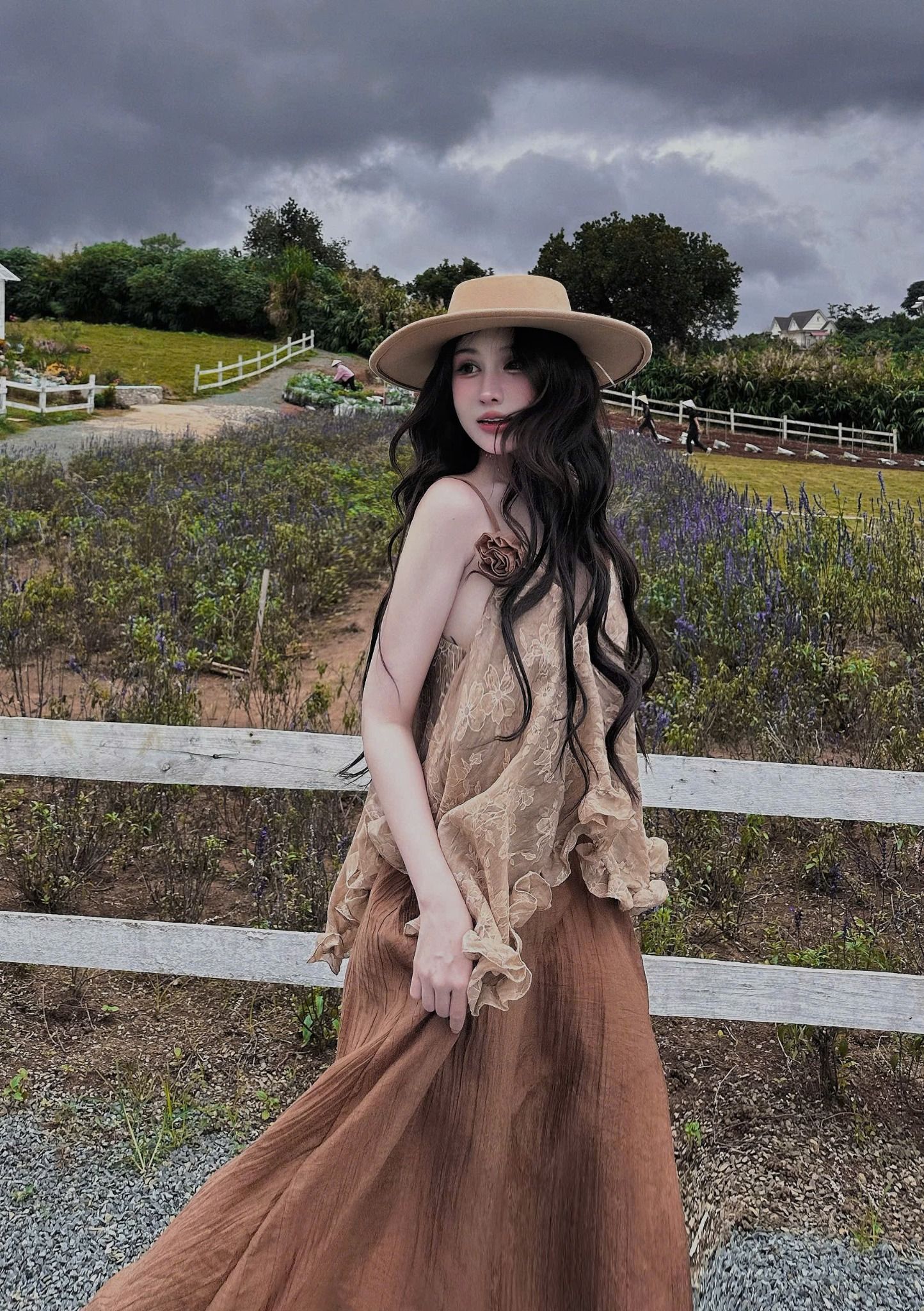  Váy liền thân tơ hoa bèo phối chân váy xòe dài tiểu thư - NÂU - A211 (GIÁ GỐC 359K SALE SỐC 259K) 