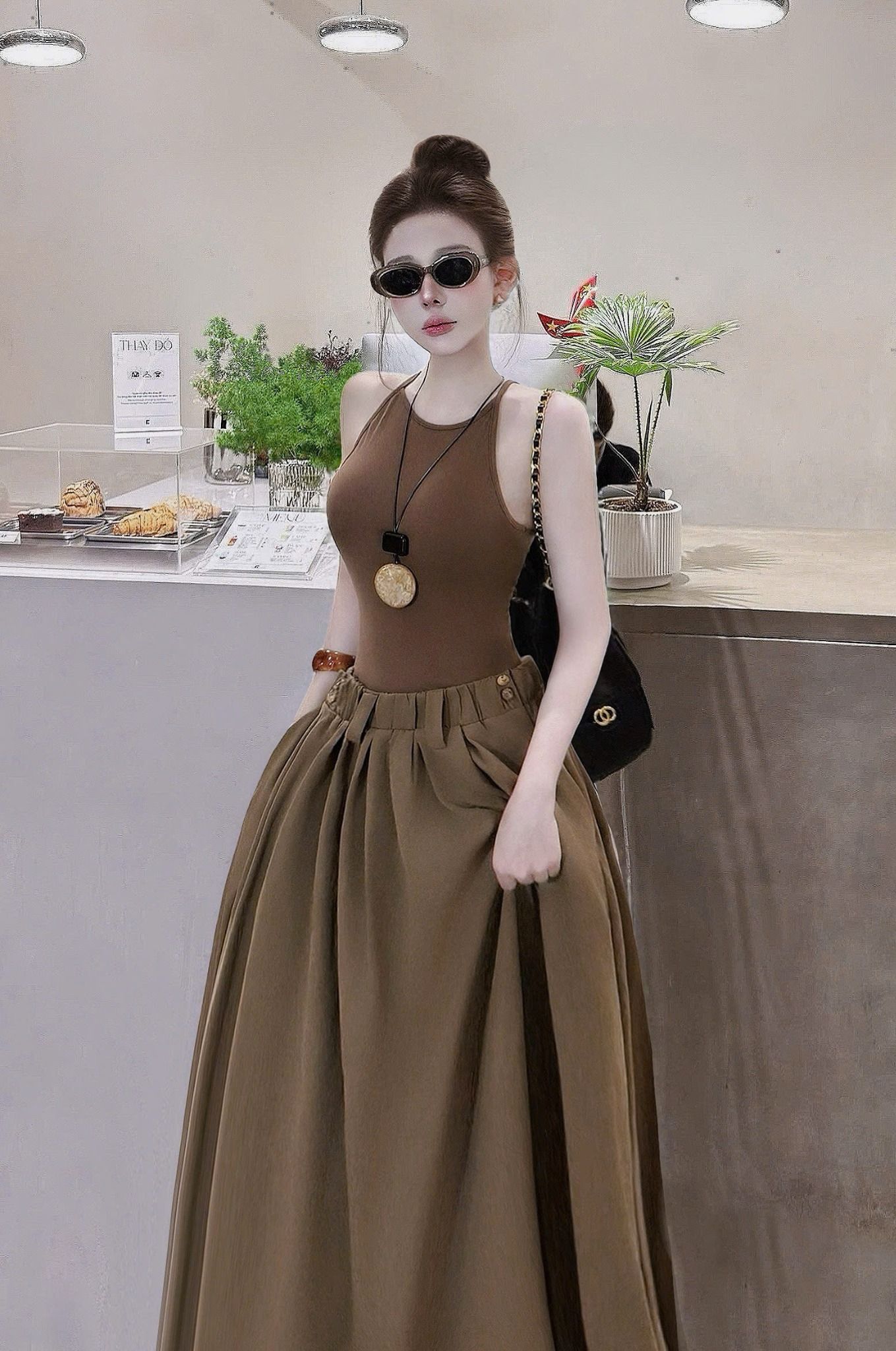  Đầm maxi cổ yếm thiết kế tùng chân váy phối cạp nối phong cách - NÂU - A188 (S) 