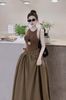 Đầm maxi cổ yếm thiết kế tùng chân váy phối cạp nối phong cách - NÂU - A188 (S)