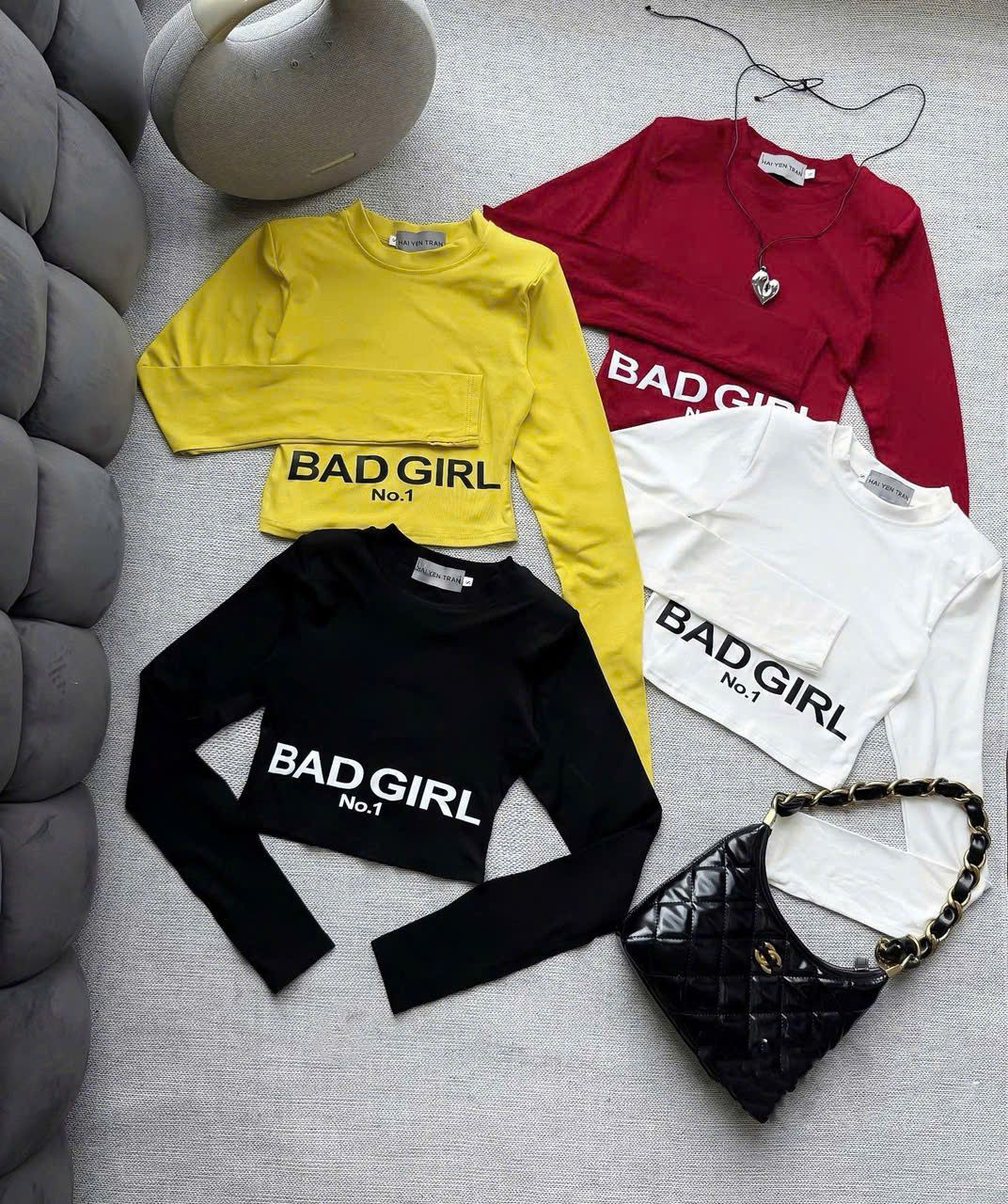  Áo tay dài Bad Girl có đệm vai chất thun co dãn - TRẮNG - d5 