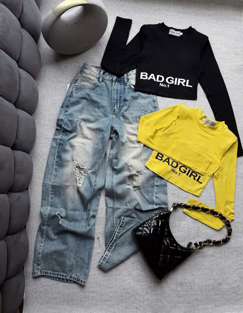  Áo tay dài Bad Girl có đệm vai chất thun co dãn - VÀNG - A301 