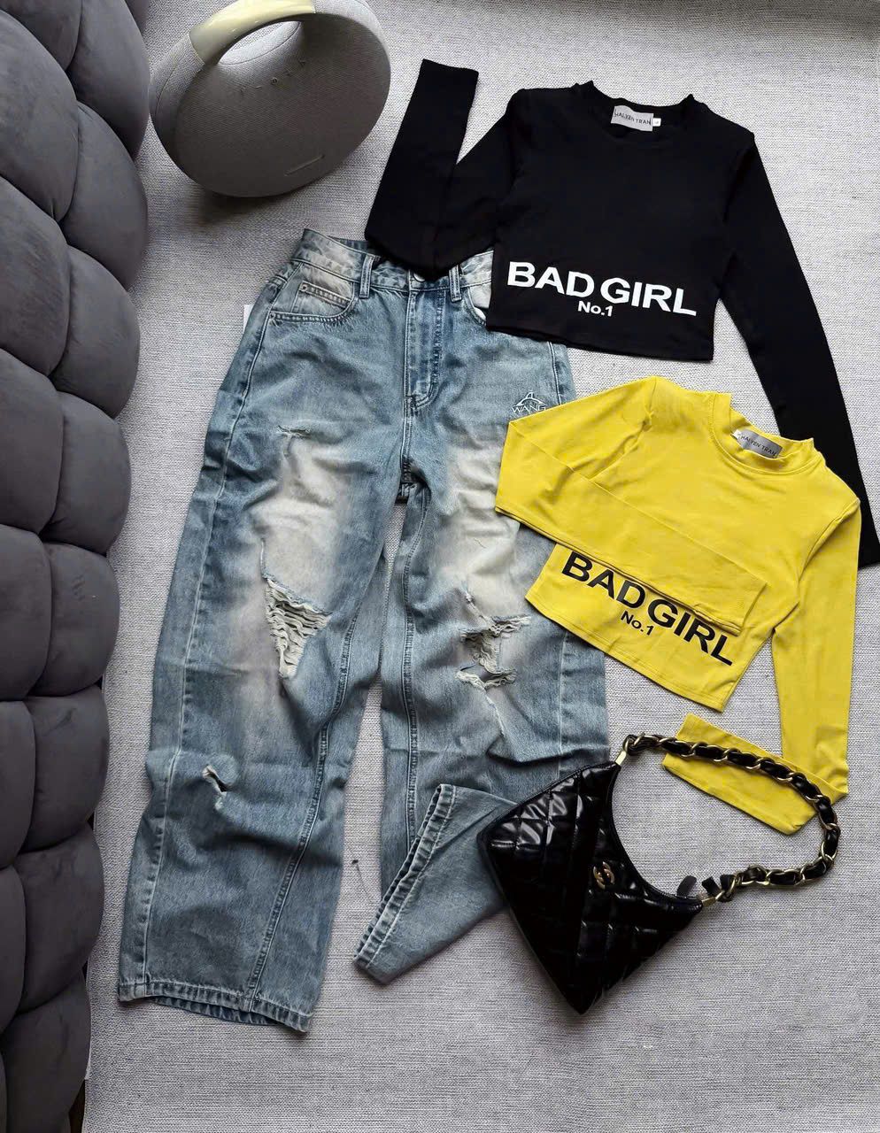  Áo tay dài Bad Girl có đệm vai chất thun co dãn - ĐEN - A300 