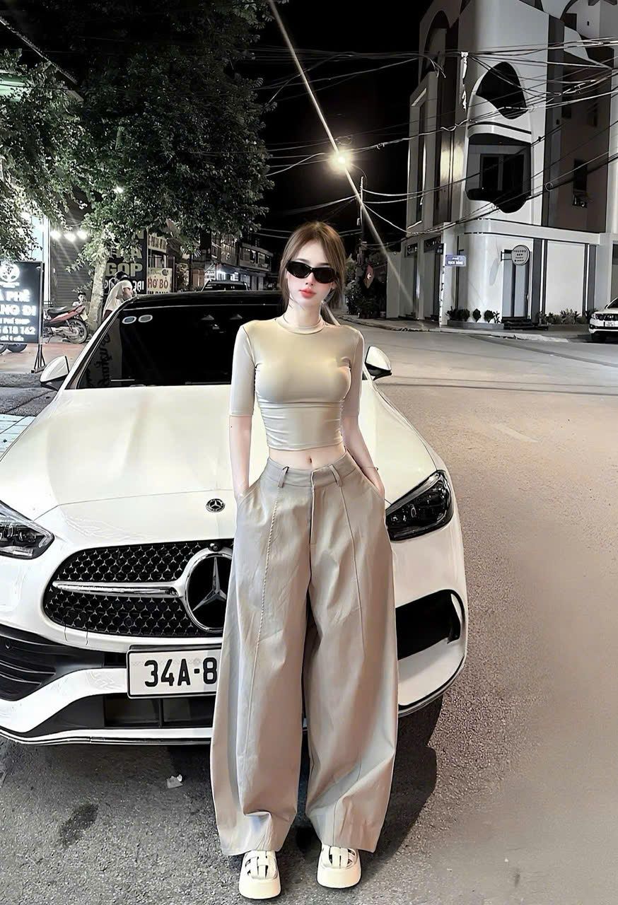  Set áo cổ tròn tay lỡ mix quần suông dài lưng bản tôn dáng - RÊU - A378 (EO S<68, M<72) 