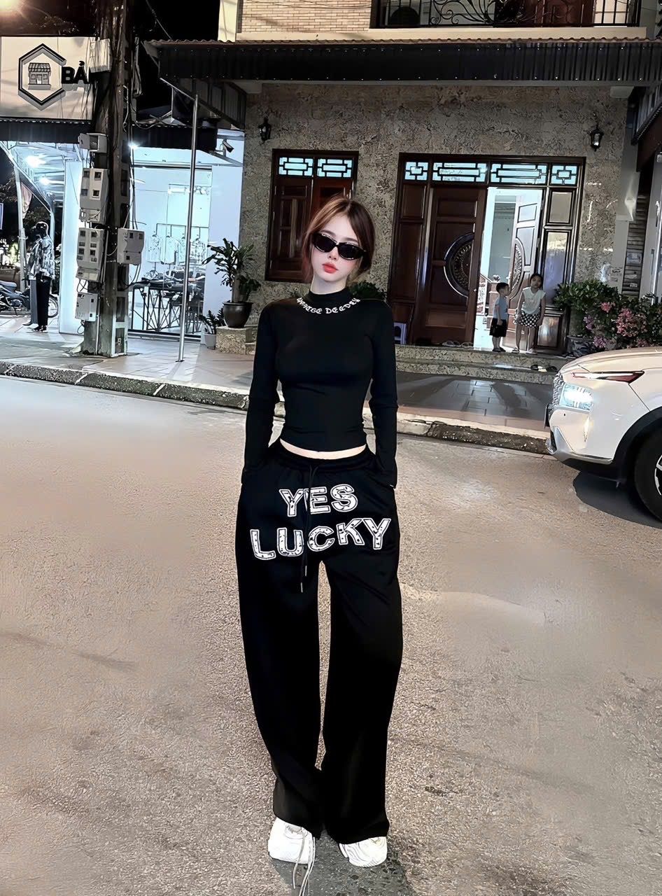  Set áo tay dài mix quần suông dài in chữ YES LUCKY - ĐEN - A439 