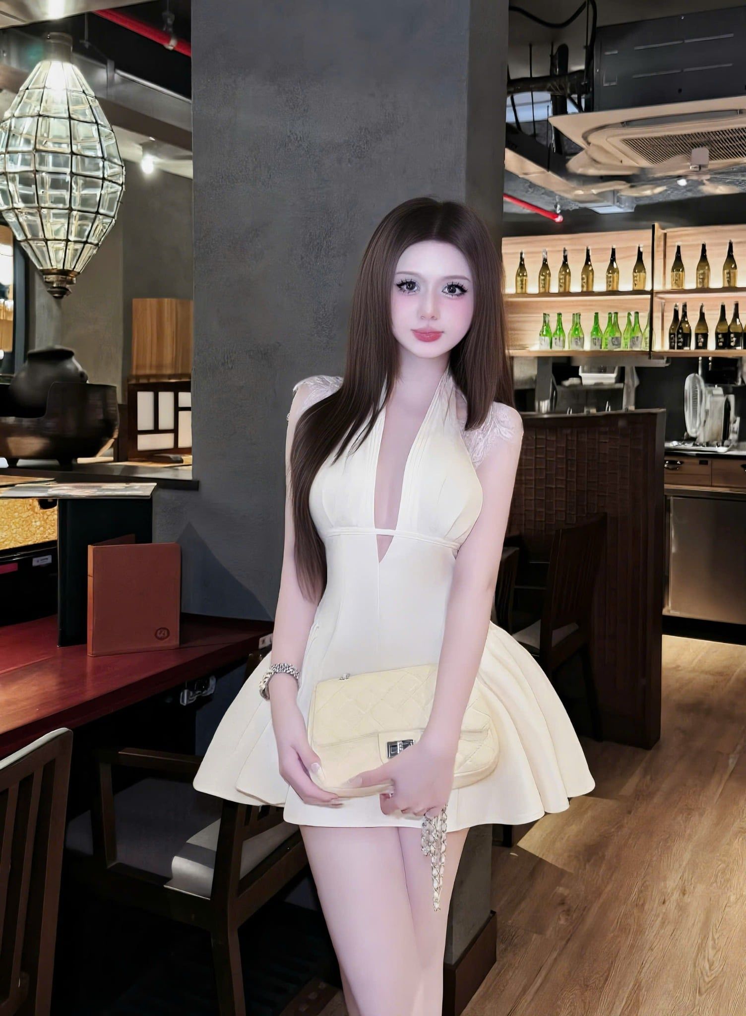  Váy thiết kế cổ yếm phối ren dáng xòe siêu sang - KEM - C63 ( 73cm ) (eo S<68, M<72) 