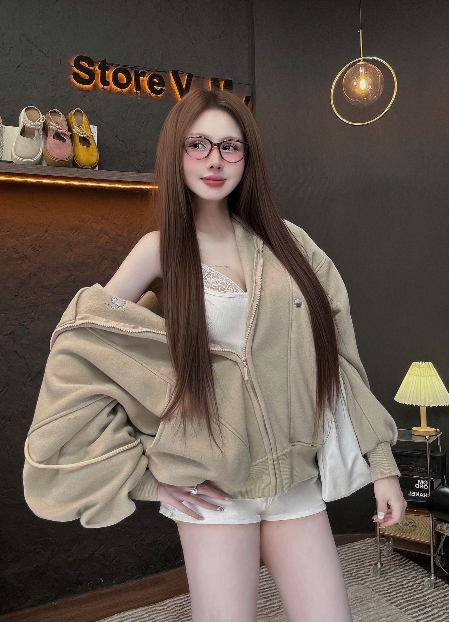  Aó khoác nỉ bông có nón form boxy thêu chữ coolgirl - BE - C38 ( 67cm ) 