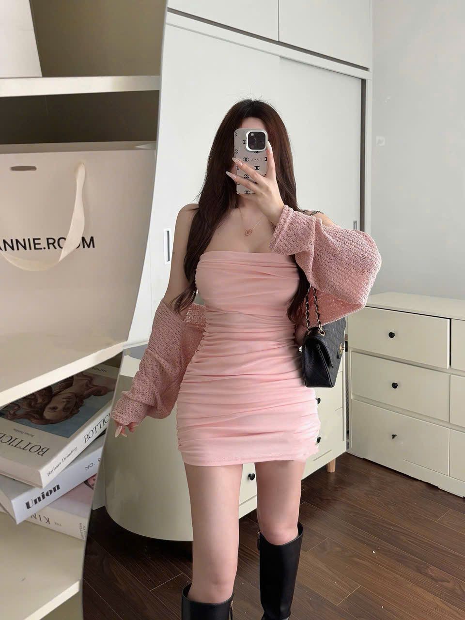  Set 2 món đầm quây body nhún mix khoác lưới mỏng - HỒNG - C234 