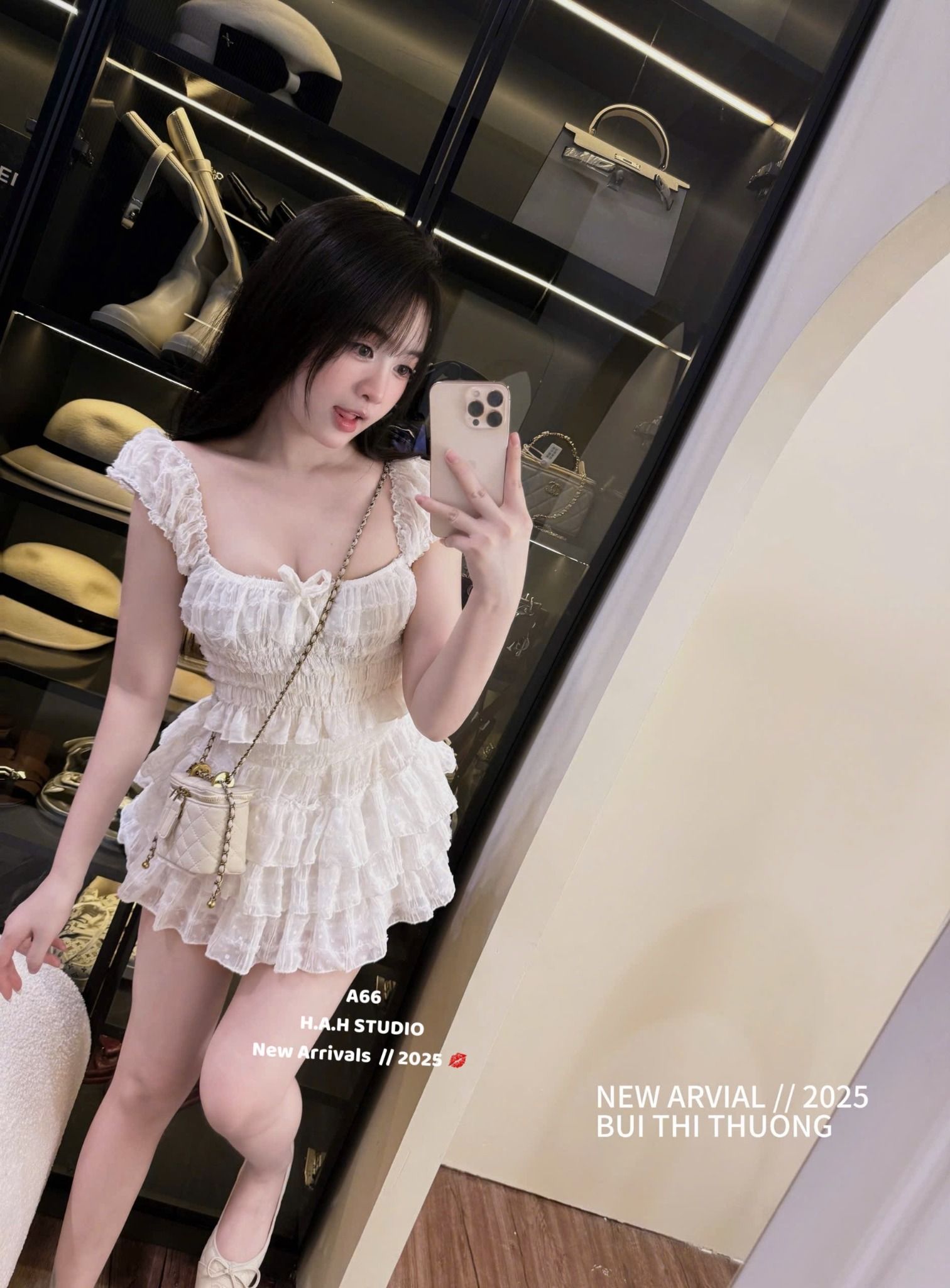  Set áo tay bồng cổ vuông mix chân váy tầng xòe - TRẮNG - C259 