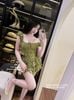 Set áo tay bồng cổ vuông mix chân váy tầng xòe - XANH - C258