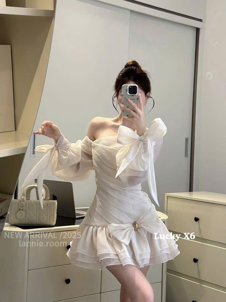  Đầm tơ nữ lệch vai xoắn thân tay đính nơ chân tầng xòe tiểu thư - N33 (eo S<68, M<72) 