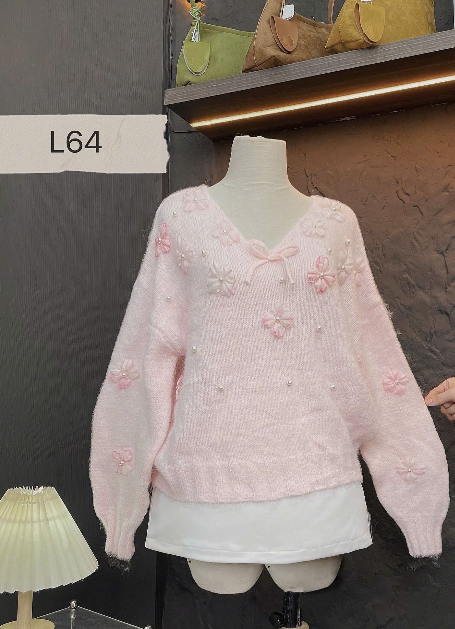  ÁO LEN HỒNG ĐÍNH HOA - L64 