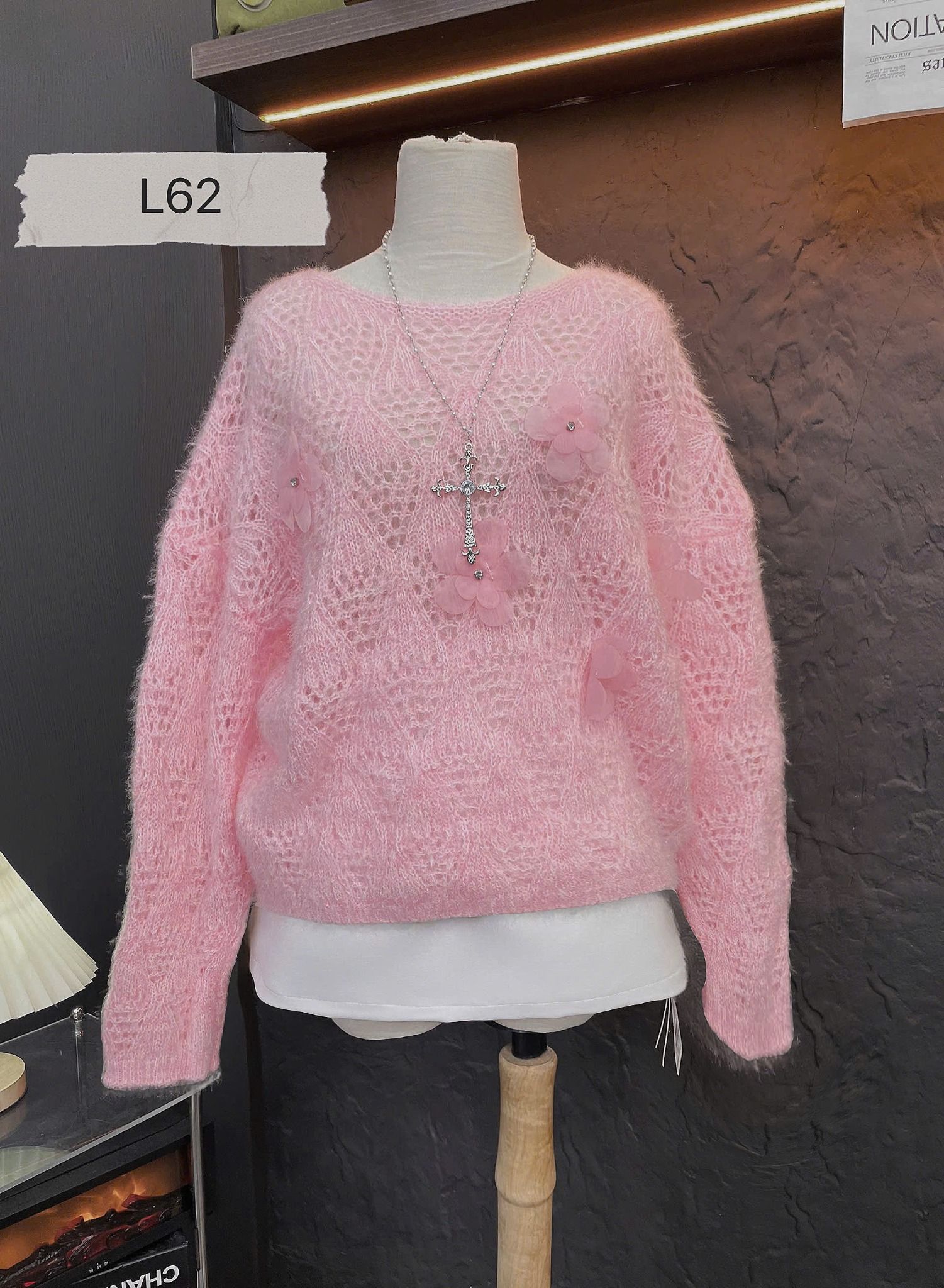  ÁO LEN HỒNG ĐÍNH HOA ĐÁ - L62 