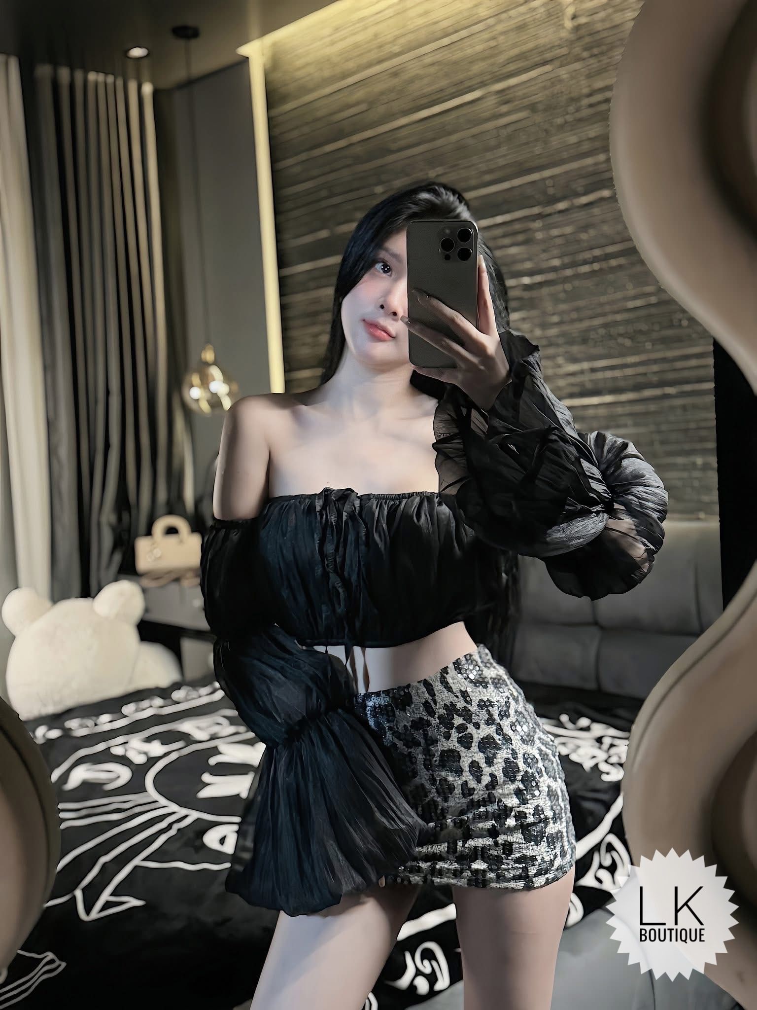  Set áo trễ vai mix chân váy beo kim sa siêu hot - N80 (eo S<68, M<72) 