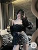 Set áo trễ vai mix chân váy beo kim sa siêu hot - N80 (eo S<68, M<72)