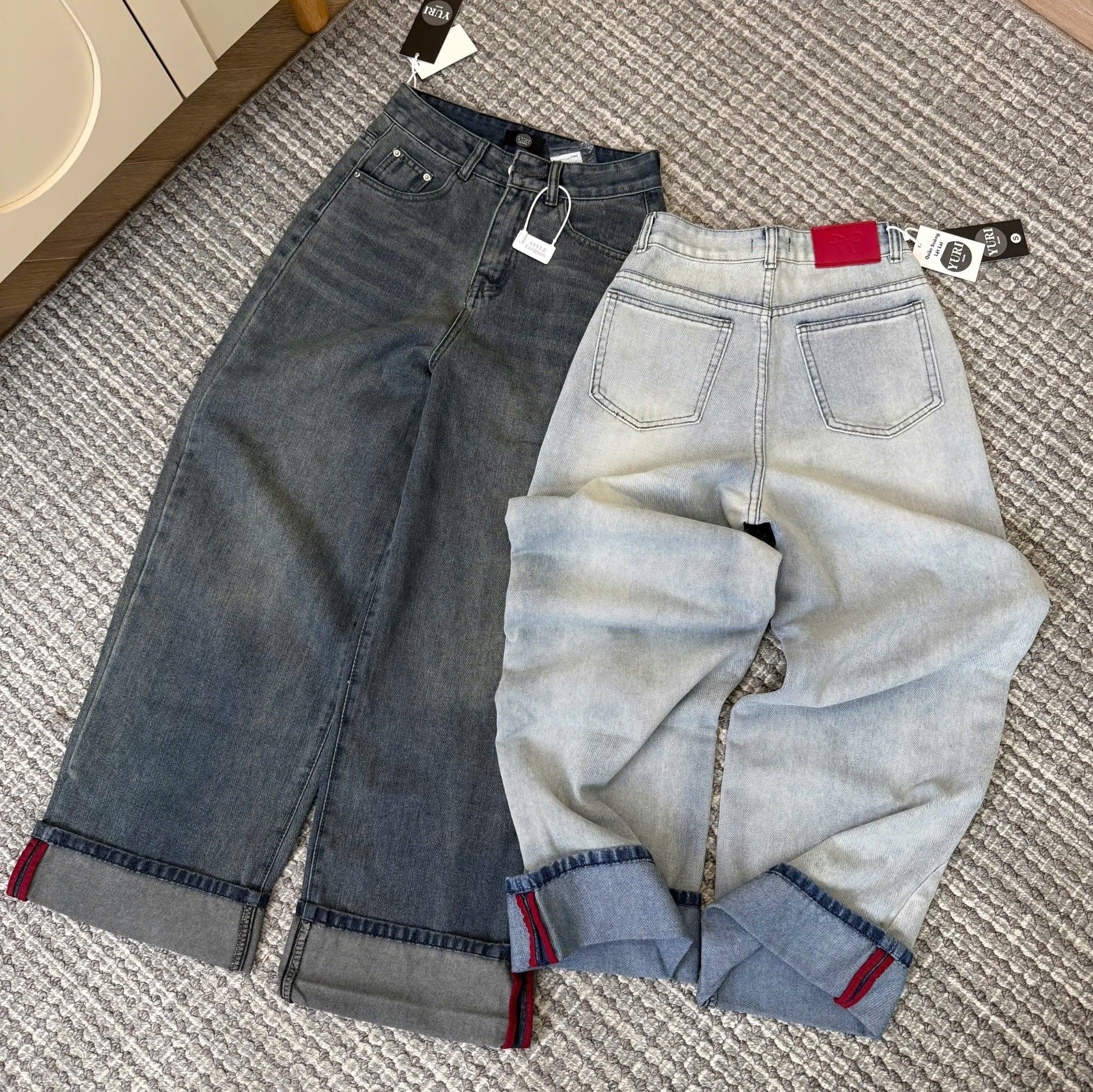  Quần jean ống suông lai gập phối kẻ dài 97cm - ĐẬM - N109 (EO S<64, M<68, L<72) 