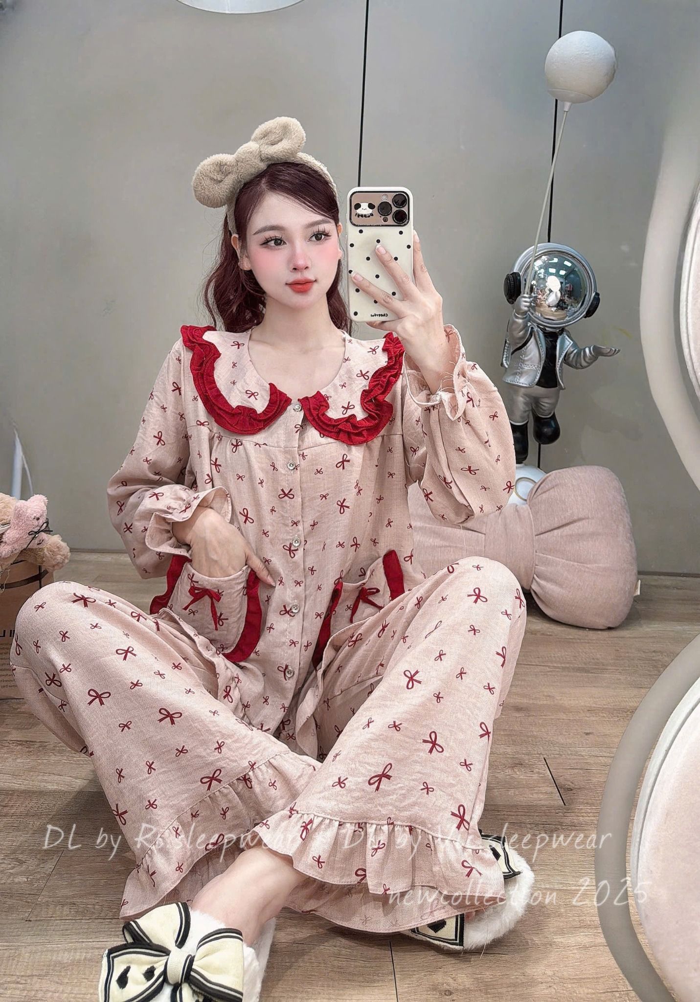  Set bộ pjzama cổ bèo sen phối túi mix quần suông sọc dễ thương - CỔ ĐỎ HỒNG NƠ - E8 H89 