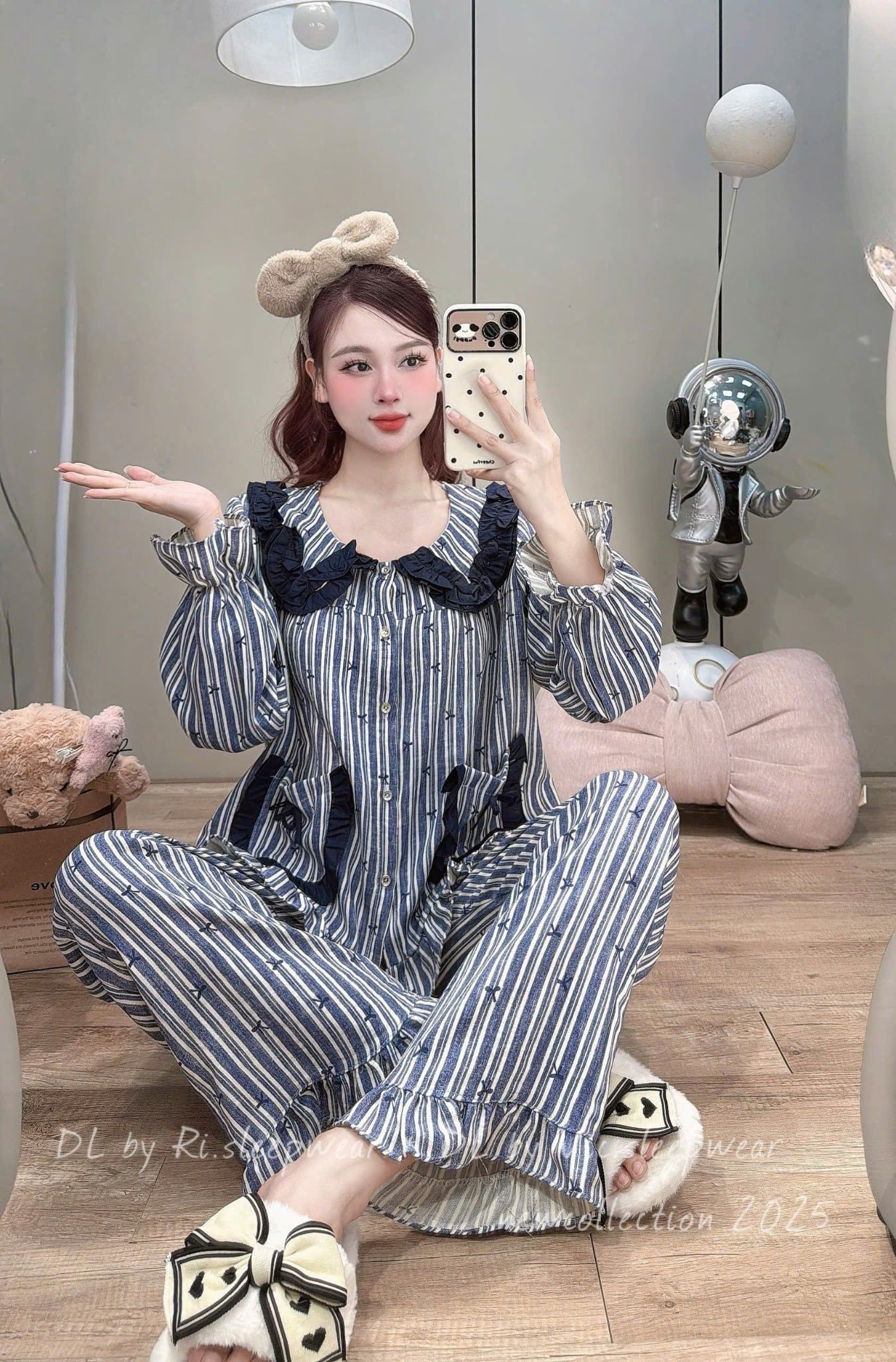  Set bộ pjzama cổ bèo sen phối túi mix quần suông sọc dễ thương - CỔ XANH ĐEN NƠ - E9 
