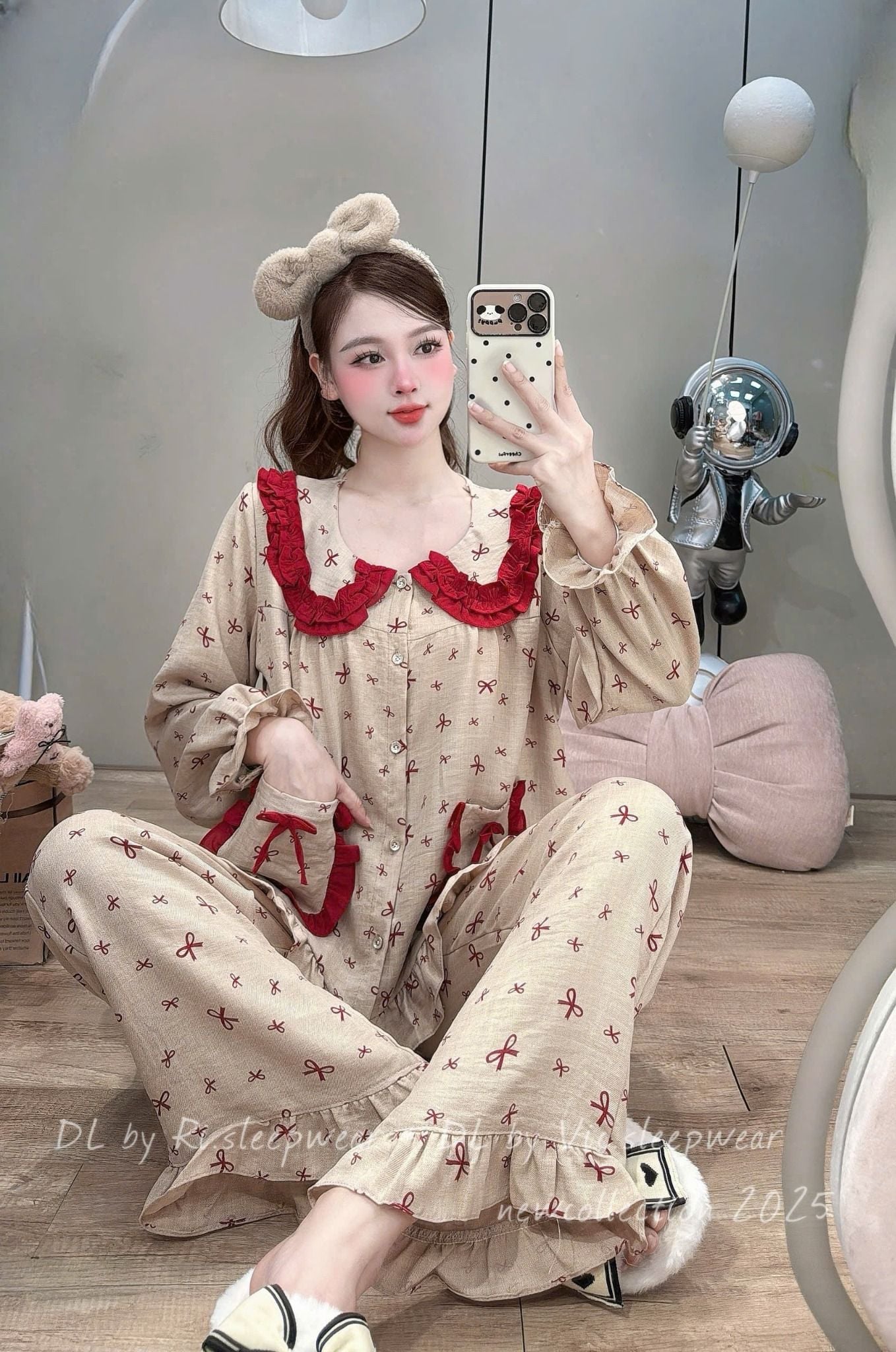  Set bộ pjzama cổ bèo sen phối túi mix quần suông sọc dễ thương - CỔ ĐỎ NÂU NƠ - E4 