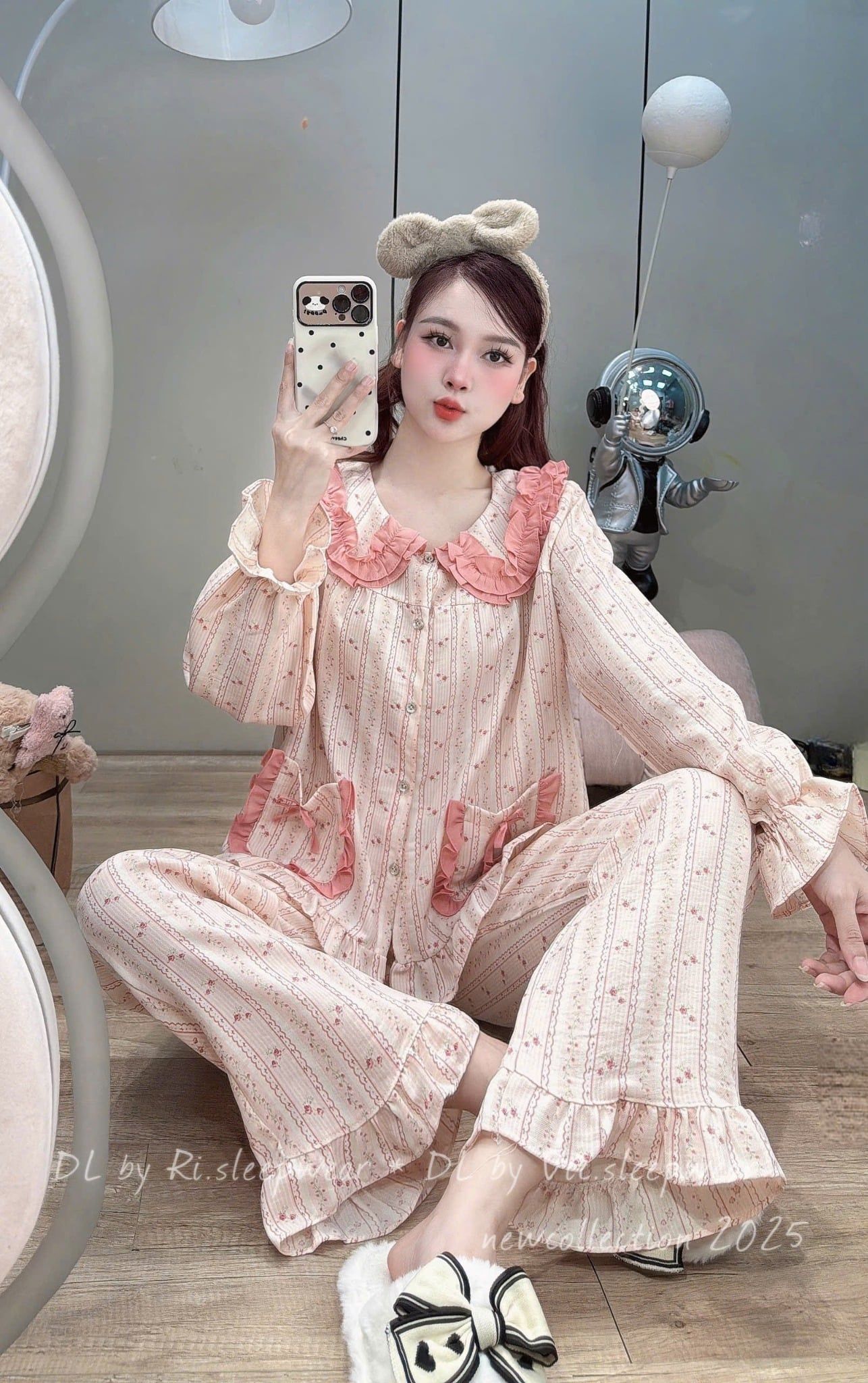  Set bộ pjzama cổ bèo sen phối túi mix quần suông sọc dễ thương - CỔ HỒNG NƠ NHÍ - E10 
