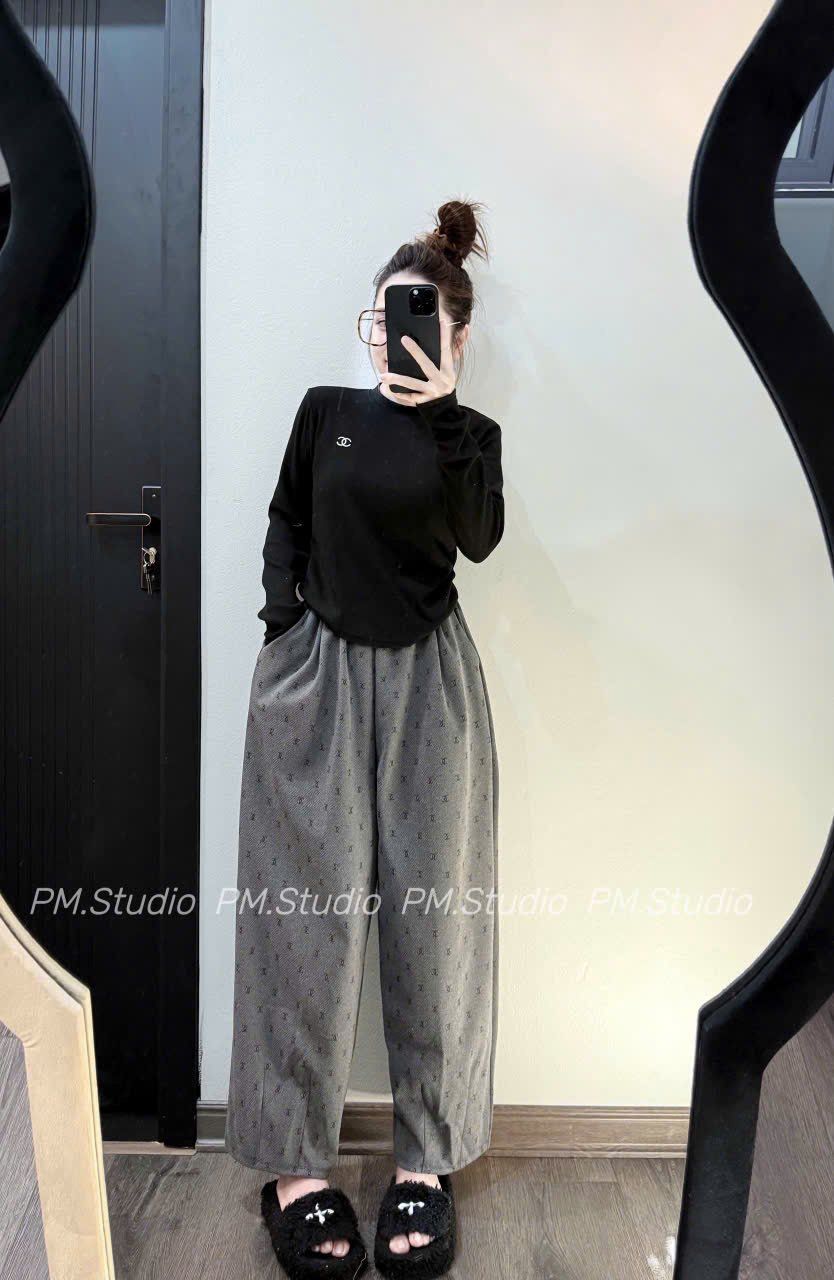  Set áo tay dài chanel mix quần baggy thụng ống suông - ĐEN - N132 