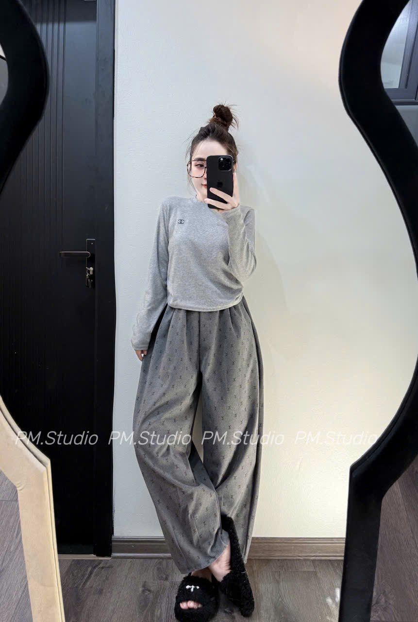  Set áo tay dài chanel mix quần baggy thụng ống suông - XÁM - N133 