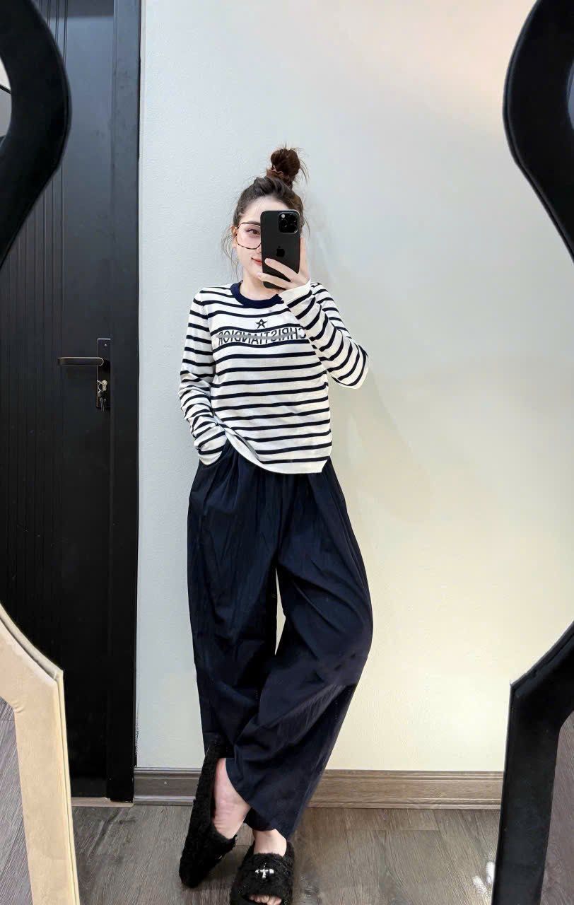  Set áo len tay dài kẻ CD mix quần suông dài thụng - XANH - N166 H63 