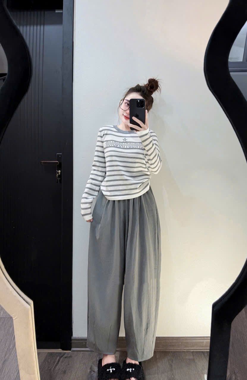  Set áo len tay dài kẻ CD mix quần suông dài thụng - XÁM - N165 